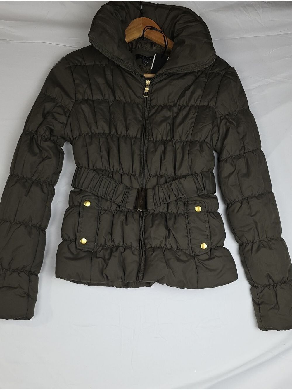 UK2LA Olive Quilted Belted Puffer Jacket with Gold Hardware M12